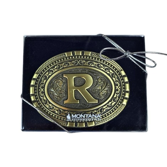 Montana Silversmiths Exos Brass Cast Filigree Initial "R" Western Belt Buckle! - Picture 4 of 6